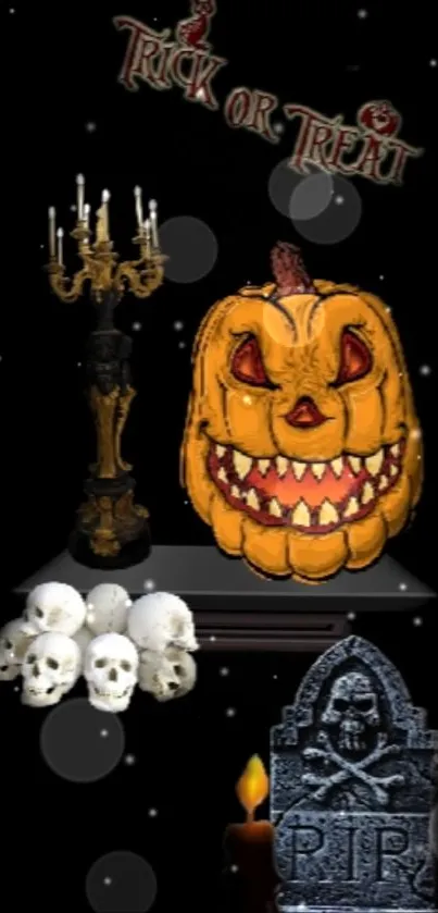 Halloween wallpaper with pumpkin, skulls, candle, and gravestone.