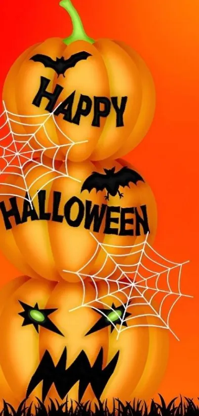 Halloween pumpkins wallpaper with bats and webs.