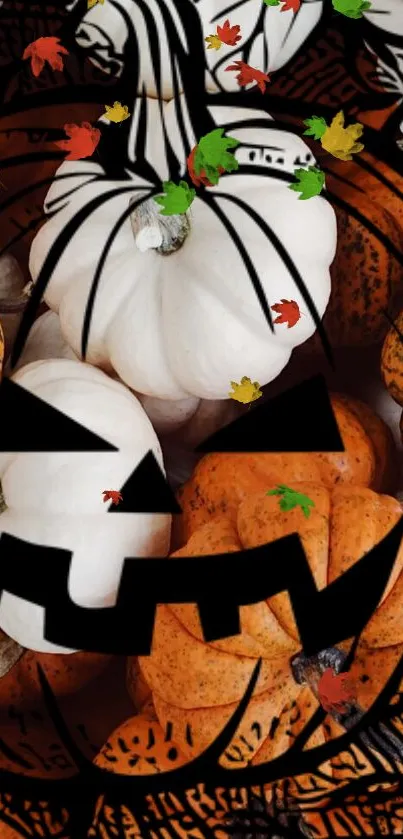 Halloween pumpkin with black outlines on bright orange and white background.