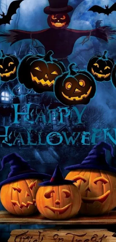 Halloween wallpaper with pumpkins and bats.