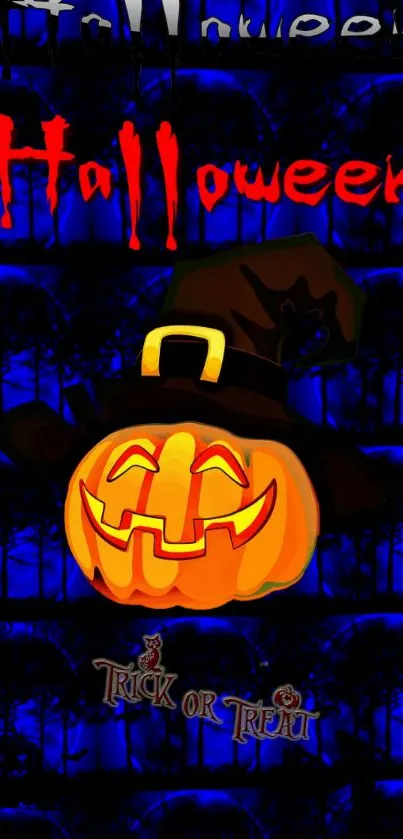 Halloween pumpkin with witch hat on dark blue background.