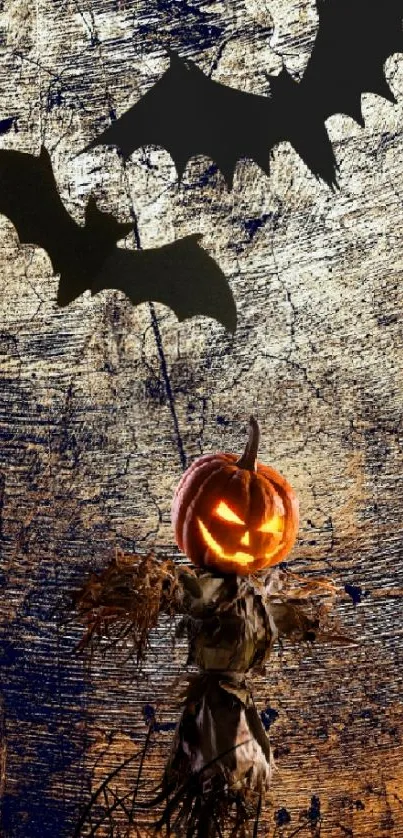 Spooky Halloween pumpkin with flying bats on a dark, textured background.