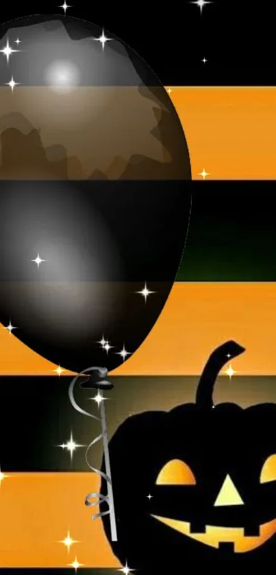 Halloween wallpaper with pumpkin, balloon, and black-orange stripes.