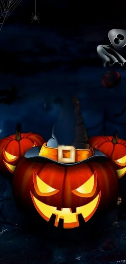 Glowing jack-o'-lanterns on a spooky dark background.