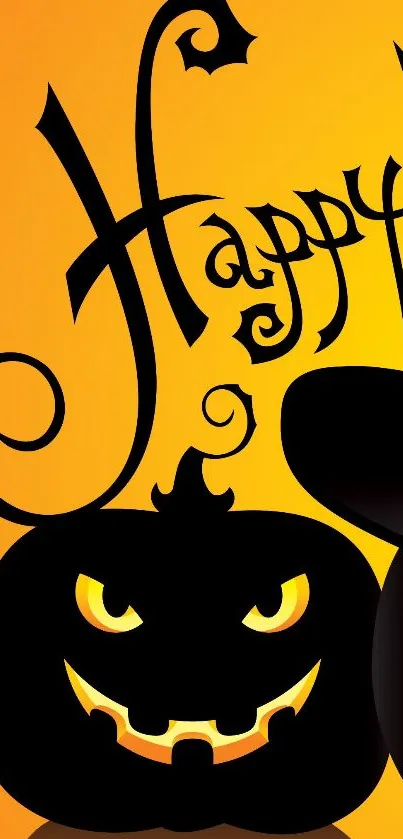 Halloween wallpaper with glowing jack-o'-lantern and orange background.