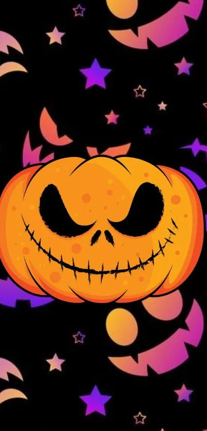 Orange pumpkin with a spooky face on a Halloween-themed background.