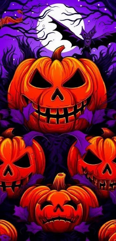 Halloween wallpaper with glowing pumpkins and bats under a full moon.