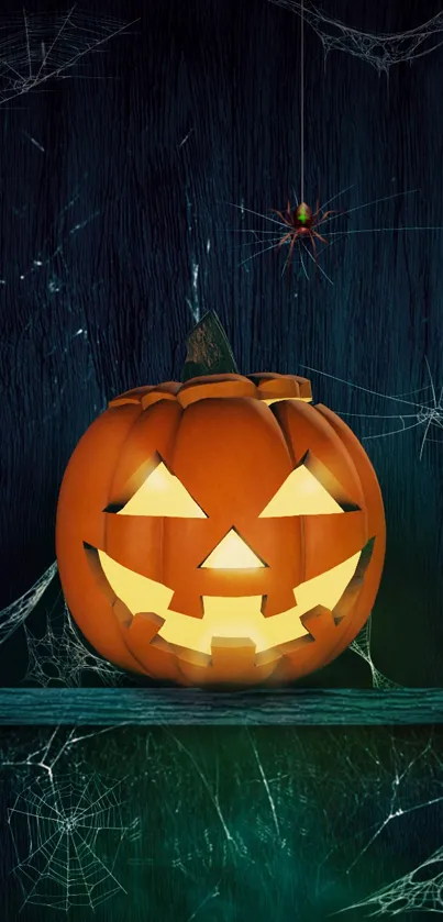 Glowing jack-o'-lantern with webs, Halloween wallpaper.