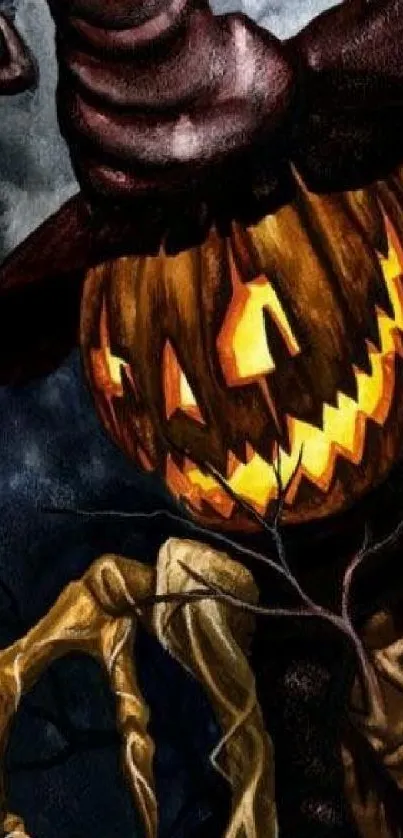 Halloween pumpkin with witch hat in dark, spooky setting.