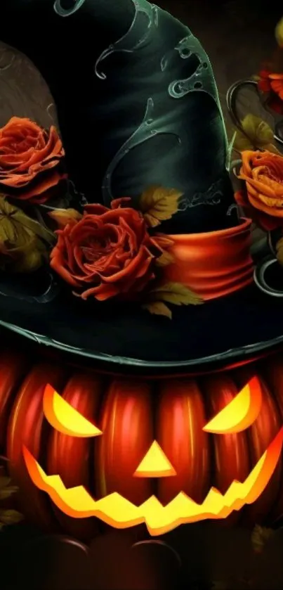 Pumpkin with witch hat and roses wallpaper.