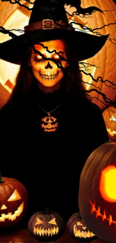 Spooky witch with glowing pumpkin face and dark atmosphere.