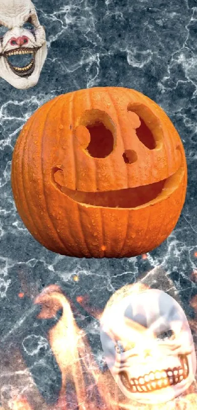 Halloween pumpkin and skulls on a dark textured background.