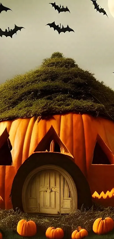 Whimsical Halloween scene with carved pumpkins and moonlit sky.