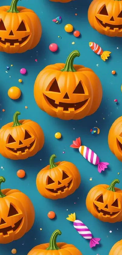 Halloween wallpaper with pumpkins and candies on teal.