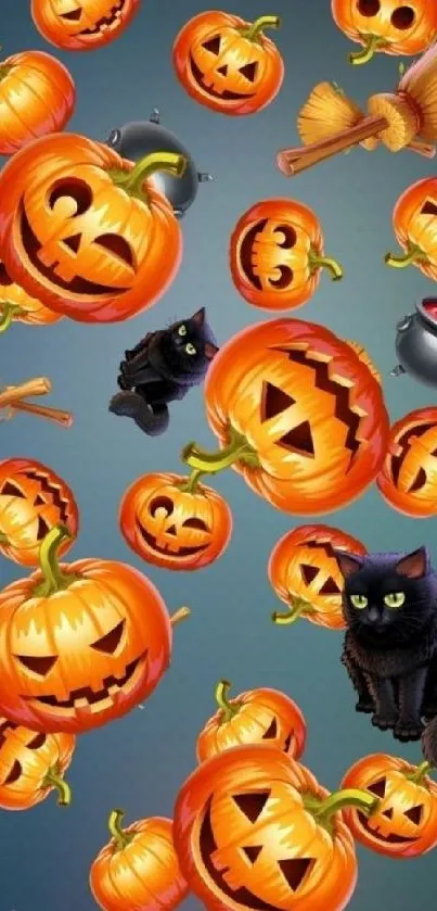 Halloween wallpaper with pumpkins, black cats, and cauldrons.