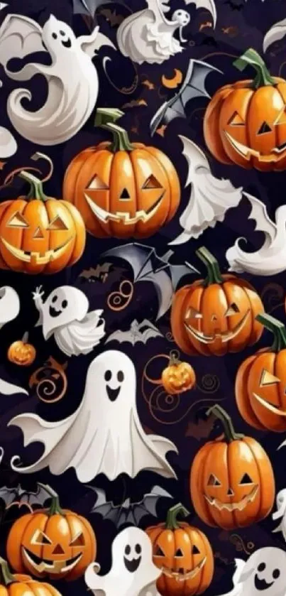 Halloween wallpaper with pumpkins and ghosts, perfect for a festive phone screen.