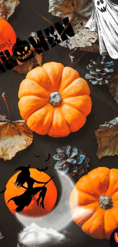 Halloween wallpaper with pumpkins, ghosts, and autumn leaves.