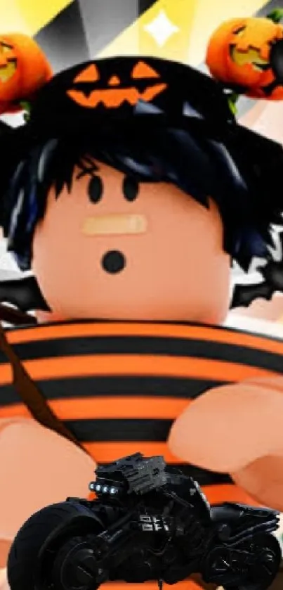 Roblox character in Halloween costume with pumpkins and orange-black background.