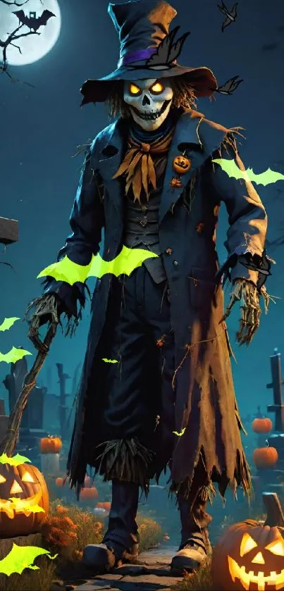 Halloween scarecrow in a moonlit graveyard with pumpkins.