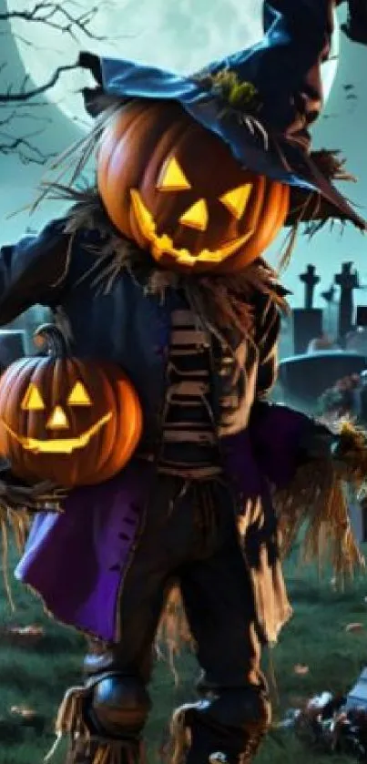 Scarecrow with pumpkin head in moonlit graveyard setting.