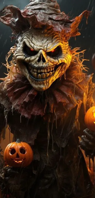 Eerie scarecrow with pumpkins in a Halloween night setting.