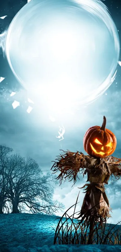 Halloween scarecrow under a bright, spooky moon with trees in the background.