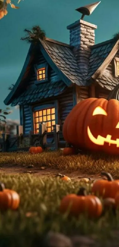 Halloween night scene with glowing pumpkin and cottage, perfect mobile wallpaper.
