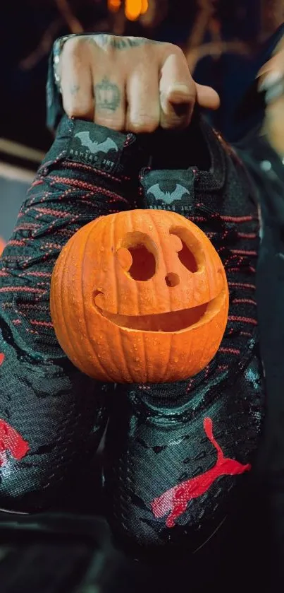 A carved pumpkin smiles on black shoes with red accents, perfect Halloween vibe.