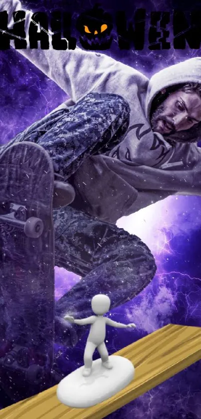 Halloween themed skateboarder with cosmic purple background.