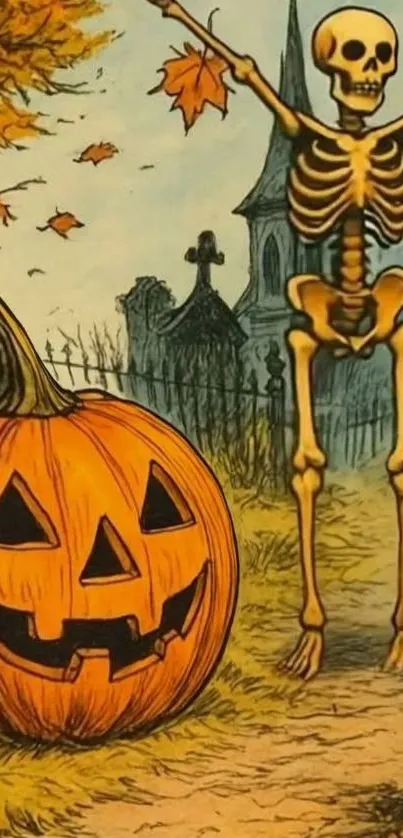 Halloween skeleton with a pumpkin in autumn setting.