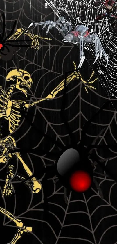 Halloween wallpaper with skeleton and spider webs in dark tones.