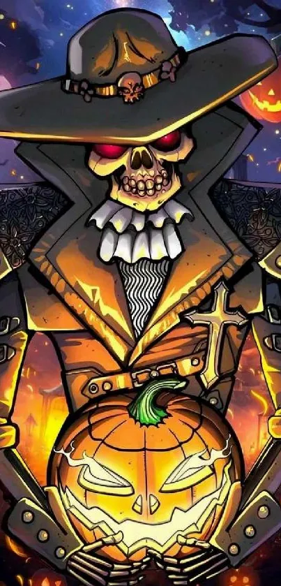 Skeleton with pumpkin and vibrant Halloween colors in a spooky theme.