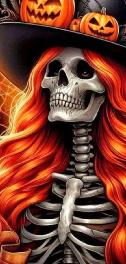 Skeleton with red hair and pumpkins in Halloween art wallpaper.