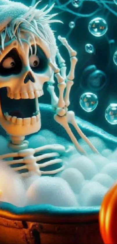 Cartoon skeleton in a Halloween-themed bubbly bath.