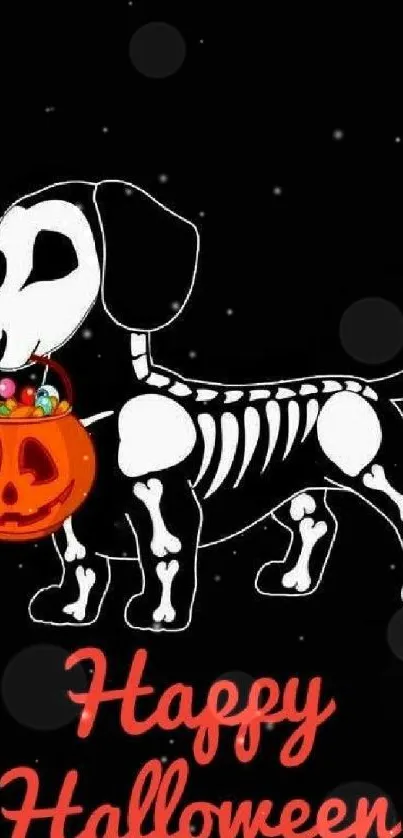 Skeleton dog with pumpkin basket Halloween wallpaper.