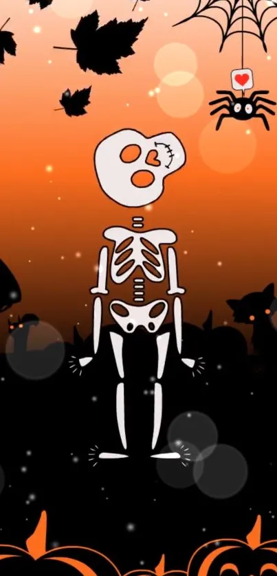 Playful skeleton with pumpkins on an orange Halloween wallpaper.