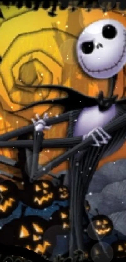 Cartoon skeleton in a spooky Halloween night scene with pumpkins.