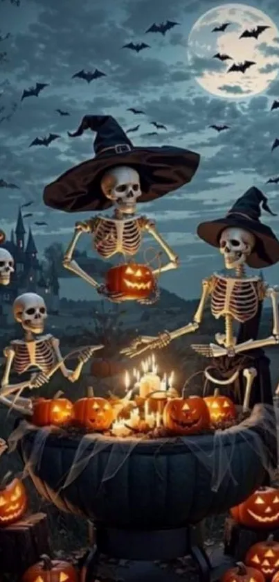 Spooky Halloween wallpaper with skeletons and pumpkins under a full moon.