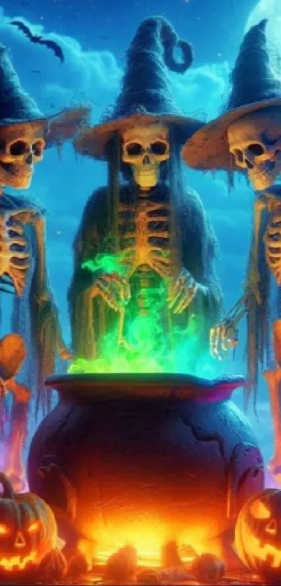 Three skeletons in witch hats gather around a glowing cauldron with pumpkins and bats.