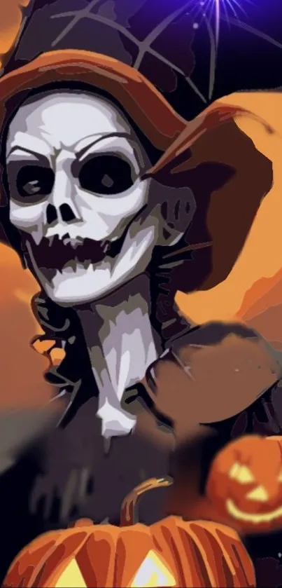 Spooky skeleton witch with pumpkins in Halloween art wallpaper.