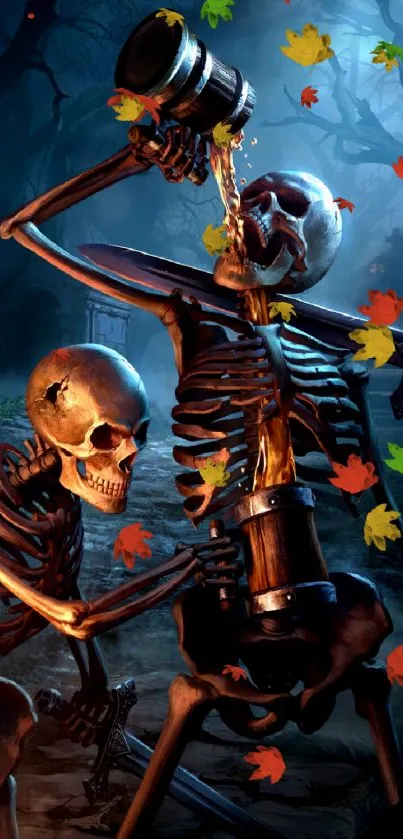 Skeletons enjoying a Halloween night scene in a spooky graveyard setting.