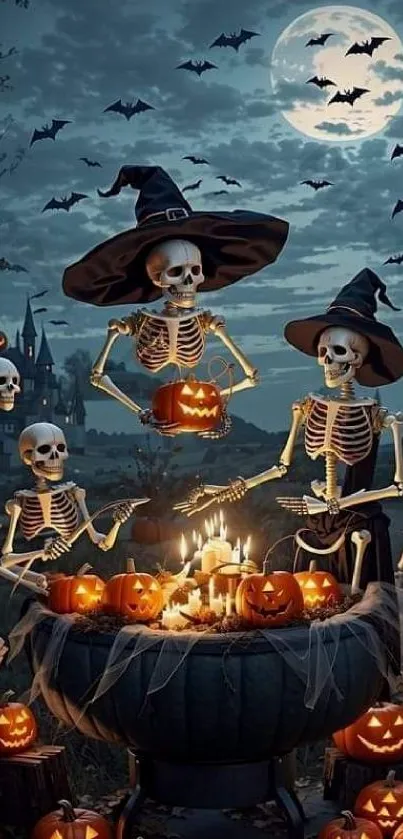 Skeletons in witch hats celebrate Halloween under a full moon.