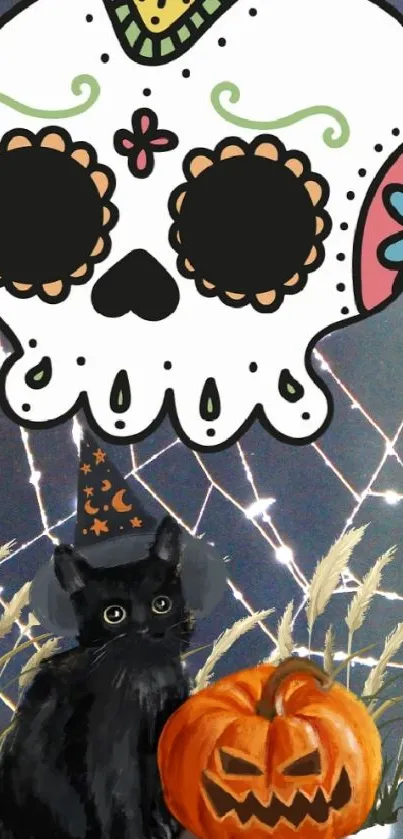 Halloween mobile wallpaper with a sugar skull, black cat, and jack-o-lantern.