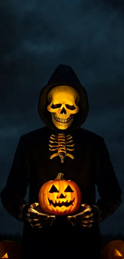 Hooded skeleton with glowing pumpkin on dark, moody background.