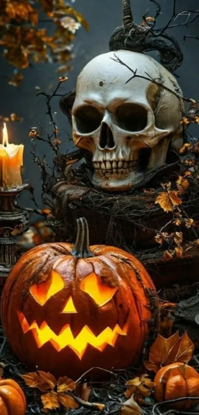 Skull and carved pumpkin with candles in a spooky Halloween setting.