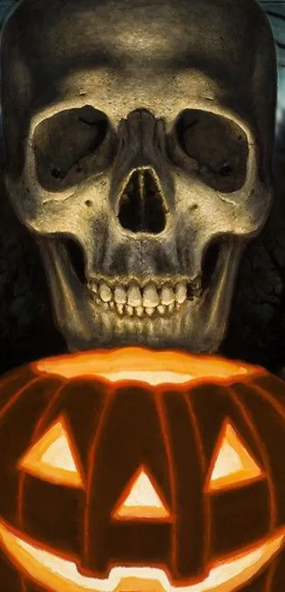 Halloween wallpaper with skull and pumpkin, glowing in darkness.