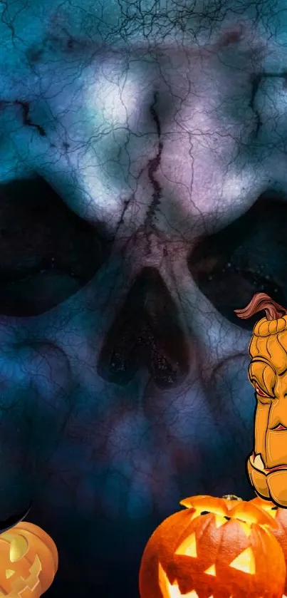 Haunting Halloween skull with glowing pumpkins on dark blue.
