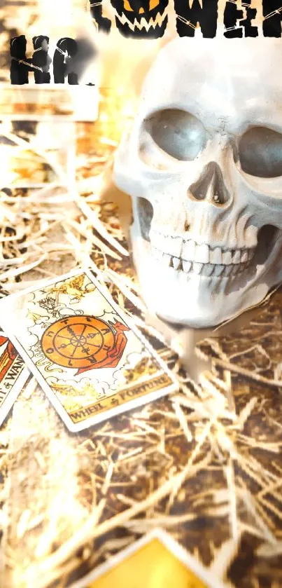 Halloween wallpaper with a skull and tarot cards on a straw backdrop.