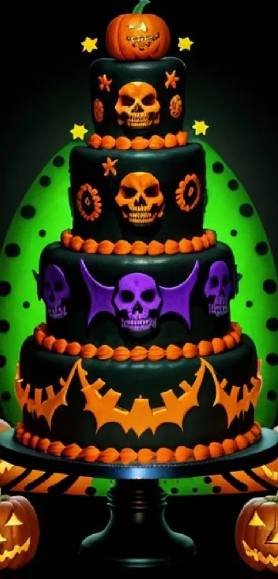 Halloween cake with skull and pumpkin decorations on a dark background.