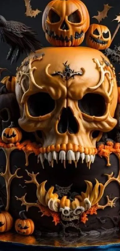 Halloween skull cake wallpaper with pumpkins and bats.